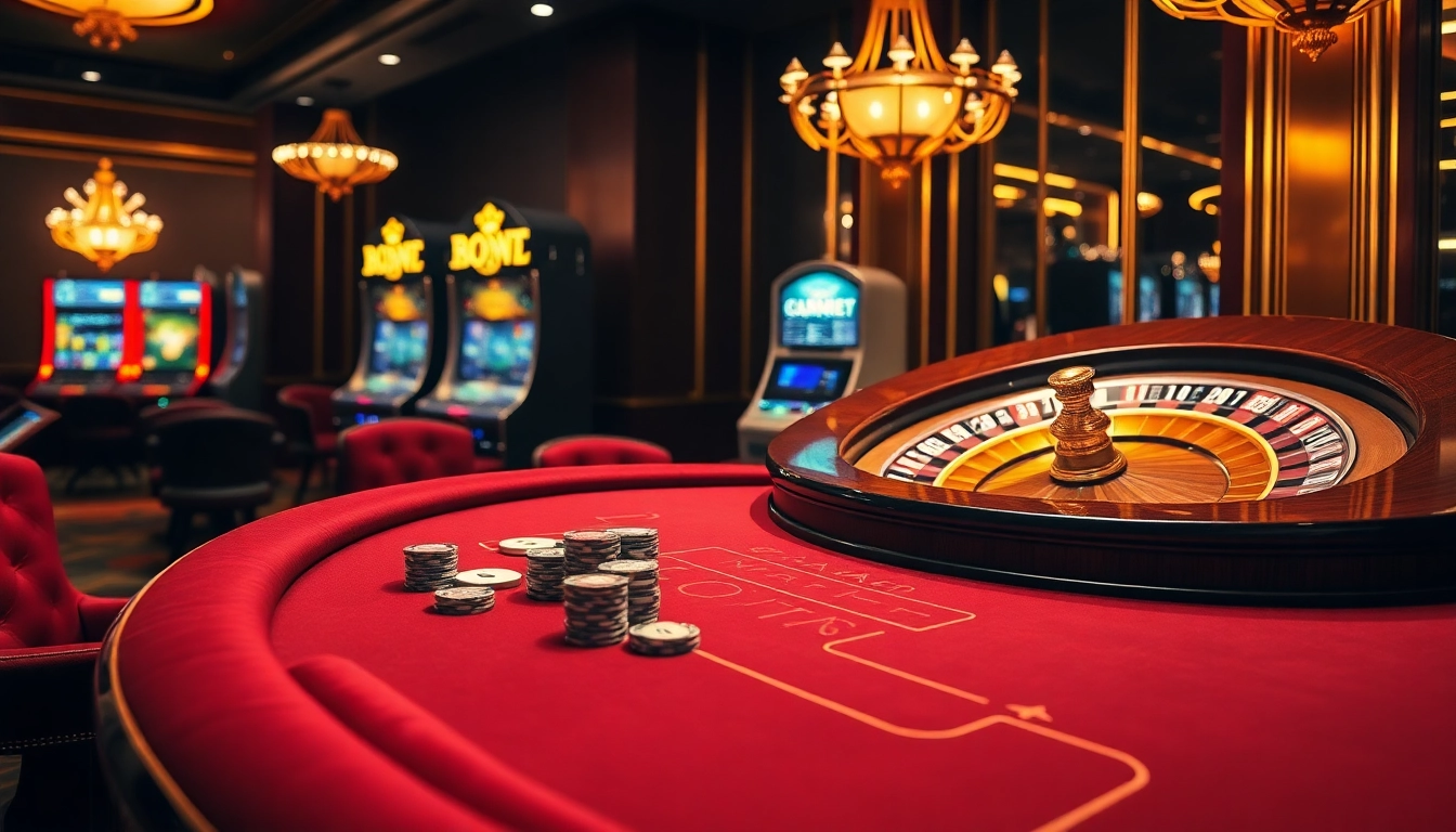 Experience the thrill of gambling at https://f1686s.com/ with a vivid baccarat and roulette scene.