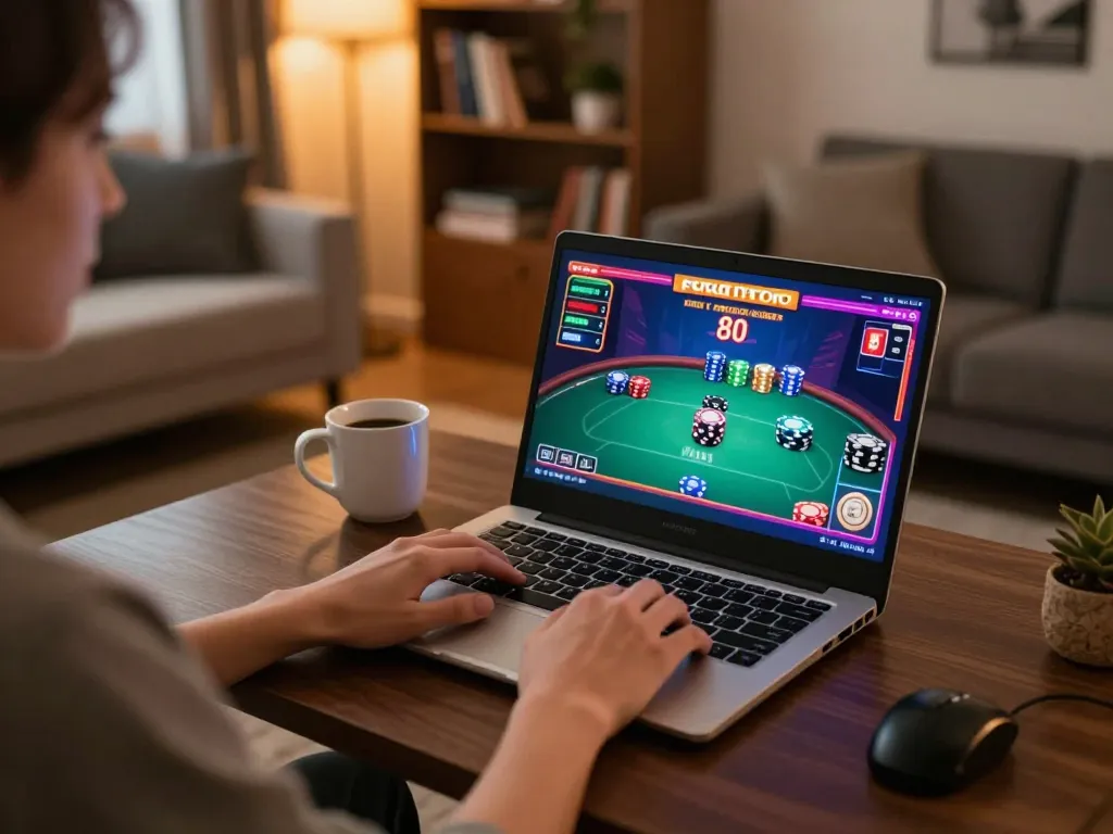 Keratontoto online gaming in a stylish home environment, showcasing a player engaging with live poker on their laptop.