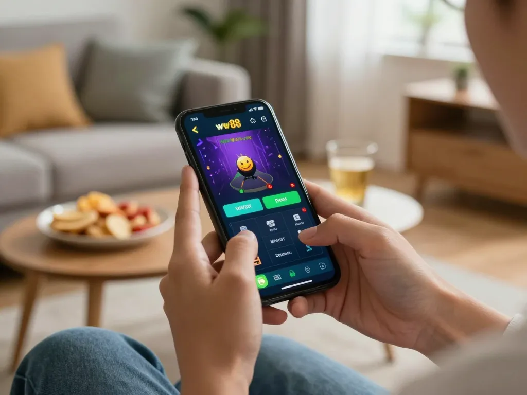 Engaging player using the ww88 app on smartphone for online gambling at home, cozy atmosphere.