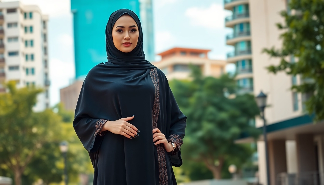 Elegant abaya manufacturer model in a vibrant urban setting, showcasing fashion-forward designs.