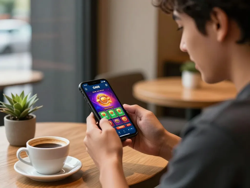 Player wins on GA88 casino app while enjoying coffee in modern café setting.