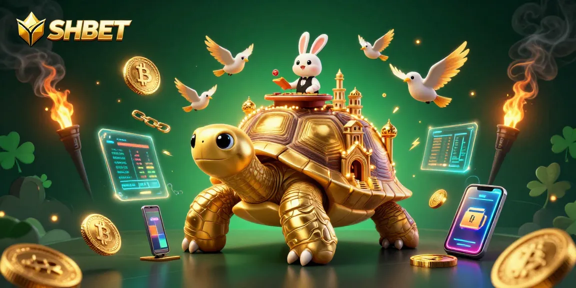 Engage with SHBET at an enchanting 3D casino scene featuring a giant tortoise and a rabbit dealer.