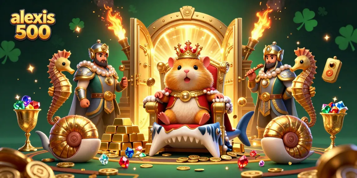 Experience the excitement of alexis 500 as the golden hamster king rules over casino riches in a vibrant 3D scene.