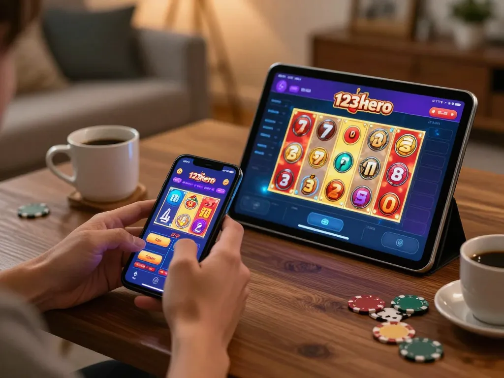 Engaging online gaming moment with 123hero app on smartphone and tablet during comfortable home session.