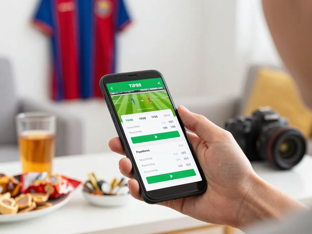 Placing bets on sports using TIP88 app in a lively home setting with snacks and drinks.