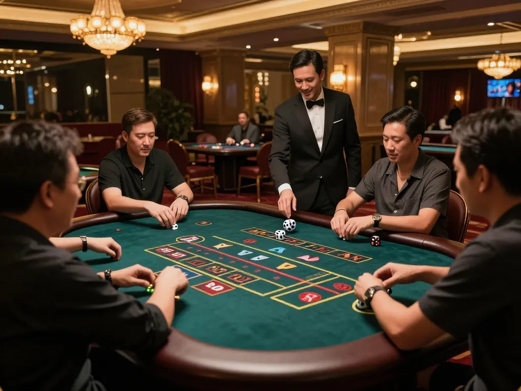 Players engaging in a Tài Xỉu game at a luxurious casino table, creating an exciting gambling atmosphere.