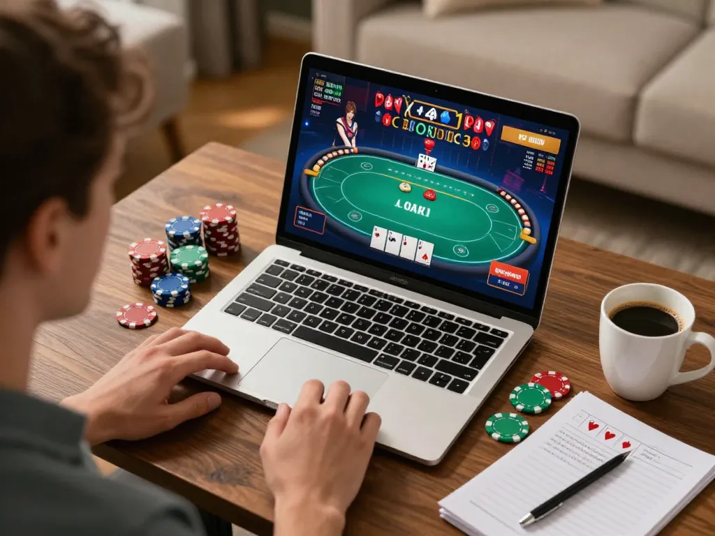 Players enjoying O8 poker in a cozy home setting, showcasing strategy and excitement.