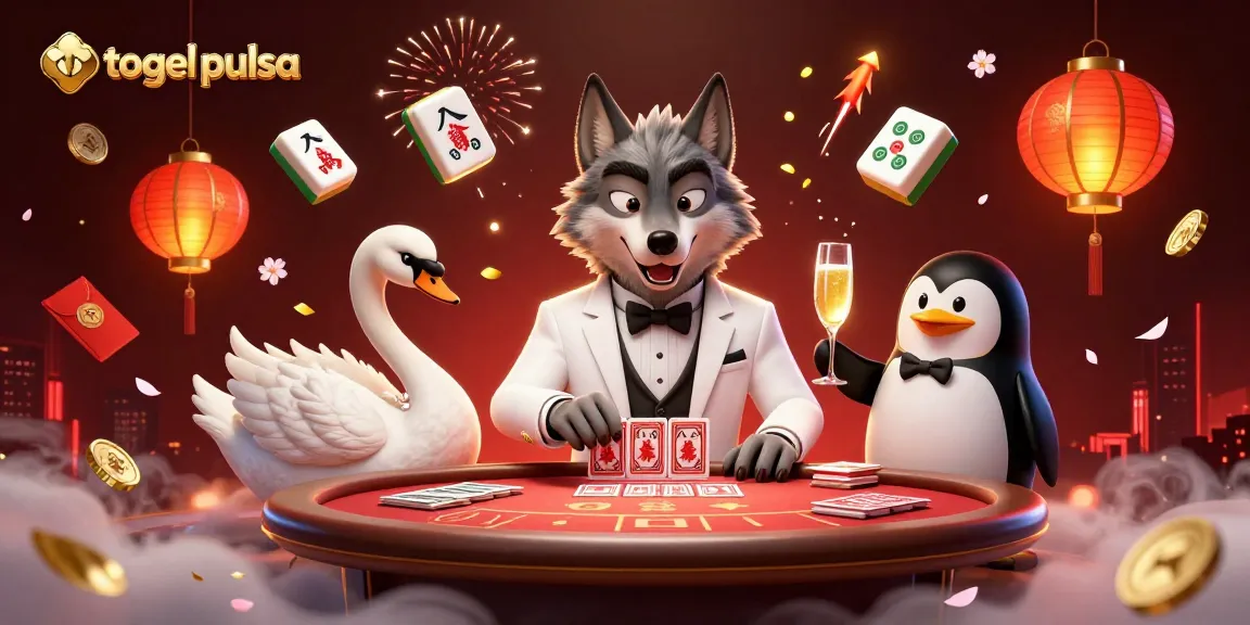 Experience the thrills of togel pulsa with a vibrant illustration showcasing card games, luck, and celebration.