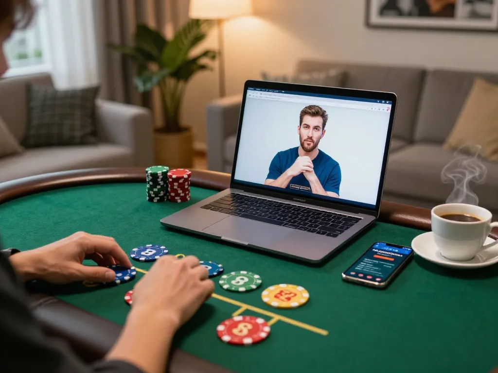 Pemain Kanzenmap menikmati permainan blackjack dengan dealer langsung di rumah, menampilkan pengaturan permainan yang nyaman dan perjudian yang bertanggung jawab.