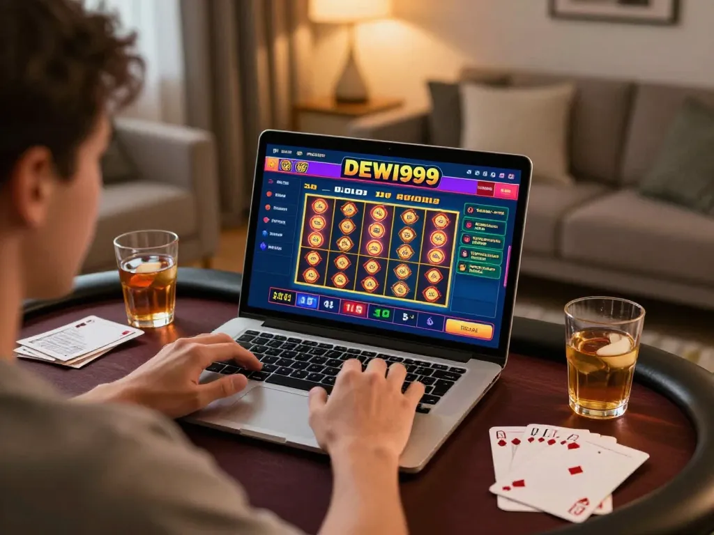 Pemain terlibat dengan permainan online DEWI999, menunjukkan kegembiraan dan strategi dalam suasana yang nyaman.