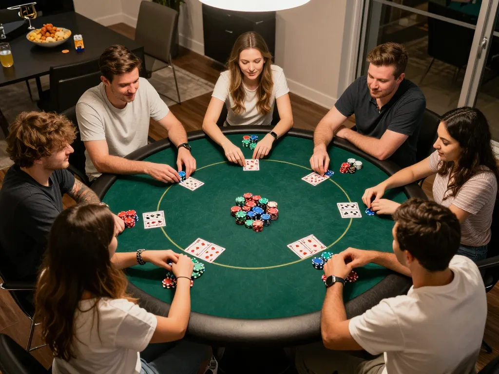 Friends enjoying a strategic poker game night with Oxbet poker chips and cards visible
