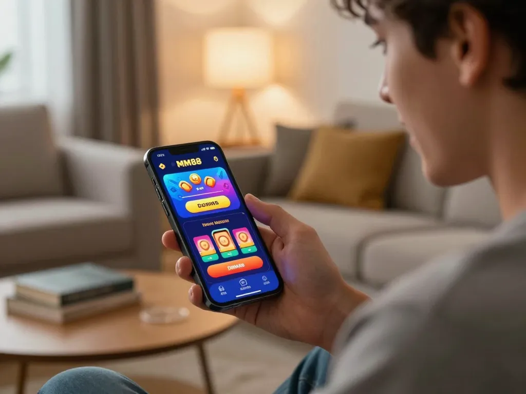 Player enjoying MM88 mobile casino app with vibrant graphics in a cozy living room setting.