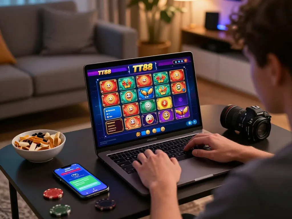 Engaged user exploring TT88 gaming platform, surrounded by colorful game graphics and real-time notifications.