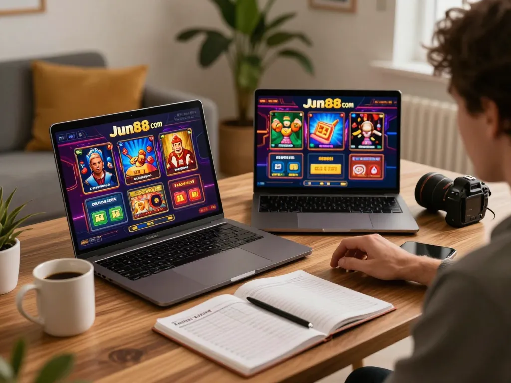 Player engaging with Jun88 com in cozy home office, showcasing online casino gaming experience