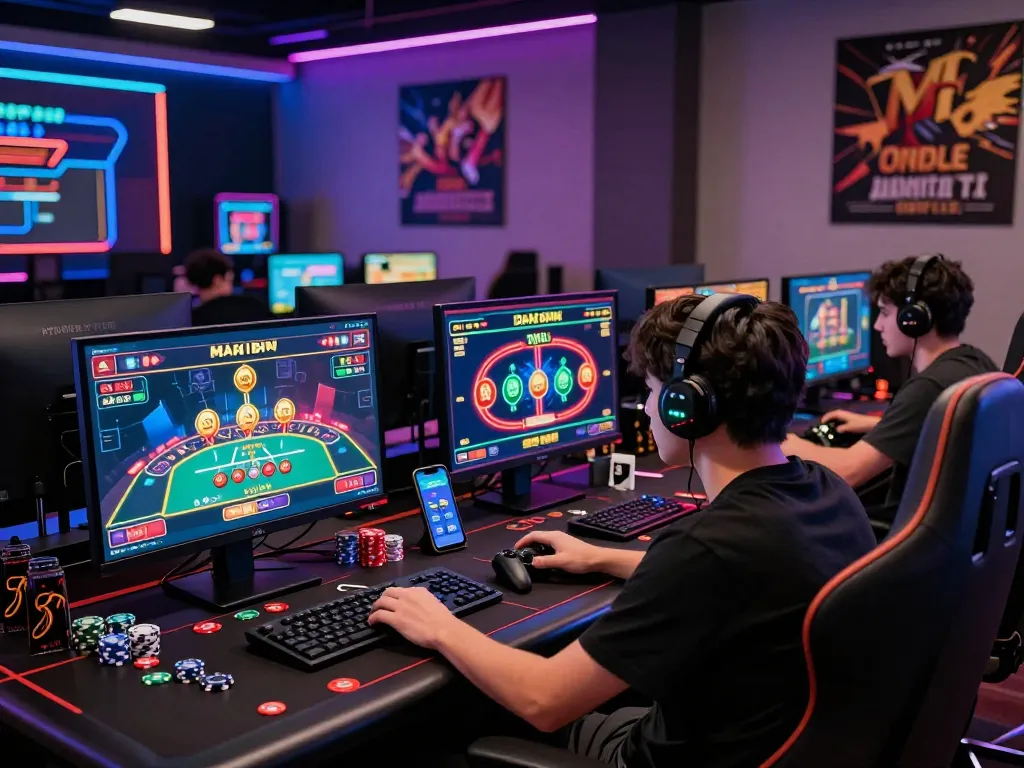 Engaged gamer enjoying Onbet online gaming experience with dynamic visuals and gaming paraphernalia.