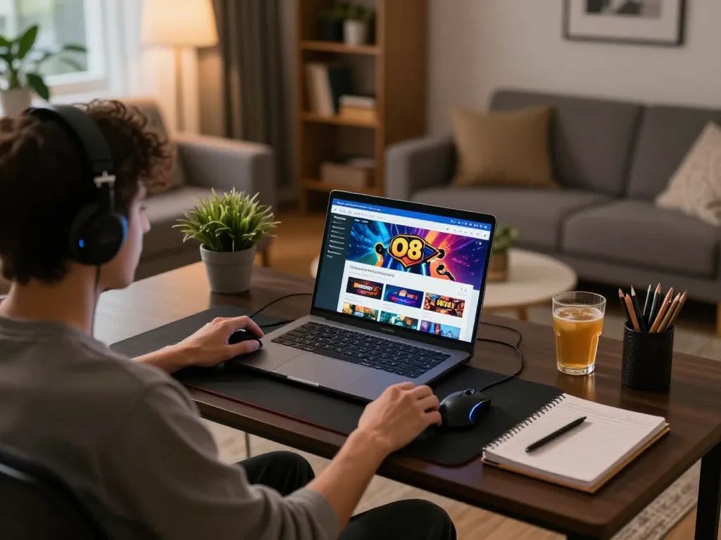 Engaging with O8 casino platform on a laptop in a stylish living room gaming setup.