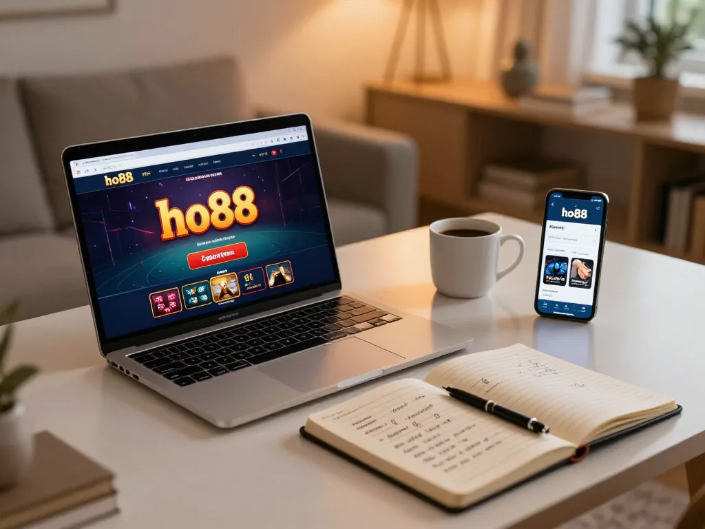 Engaging online casino experience on ho88 with laptop and betting strategies in a cozy setting