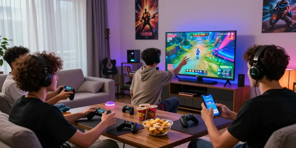 Exciting gaming night with friends enjoying Hotwin88 app in modern living room, colorful LED lights enhancing the atmosphere.