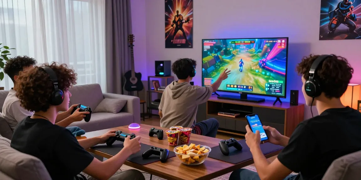 Exciting gaming night with friends enjoying Hotwin88 app in modern living room, colorful LED lights enhancing the atmosphere.