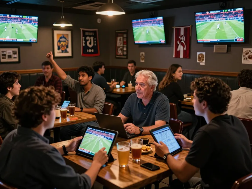 Patrons engaging in live sports betting at a bustling bar scene, showcasing energetic atmosphere with transcrime highlights.