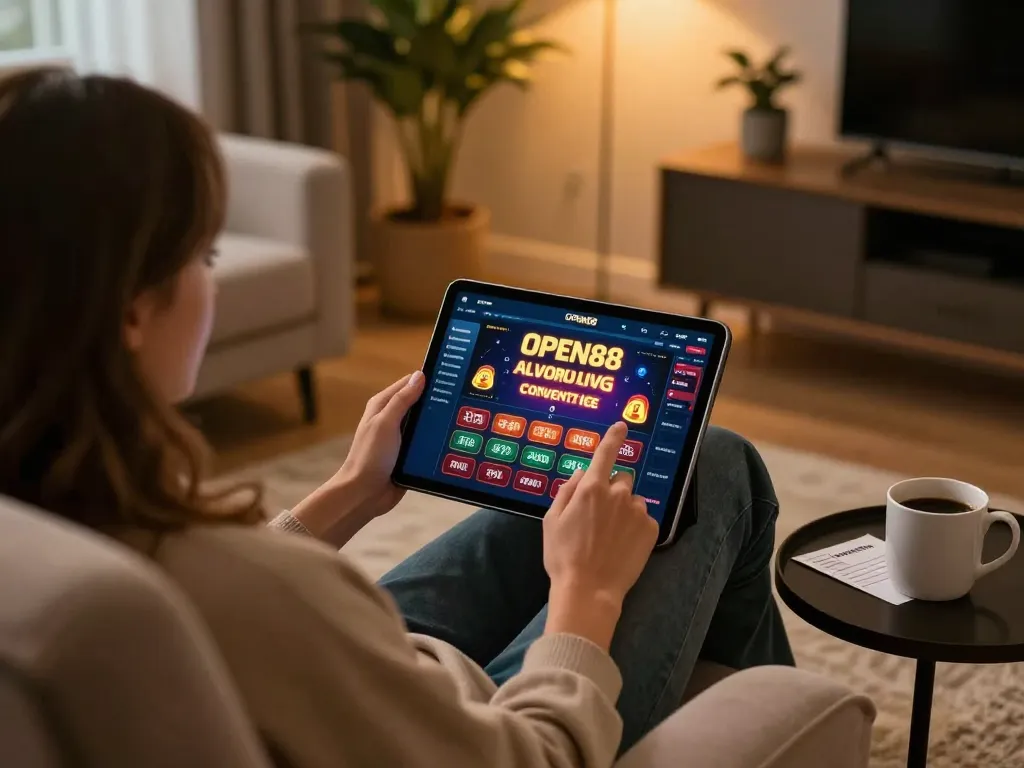 Player enjoying open88 online gaming on tablet in a cozy home setting