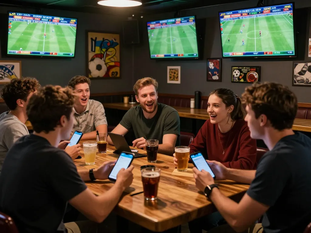 Dynamic sports betting scene with friends discussing soccer predictions in an energetic atmosphere.