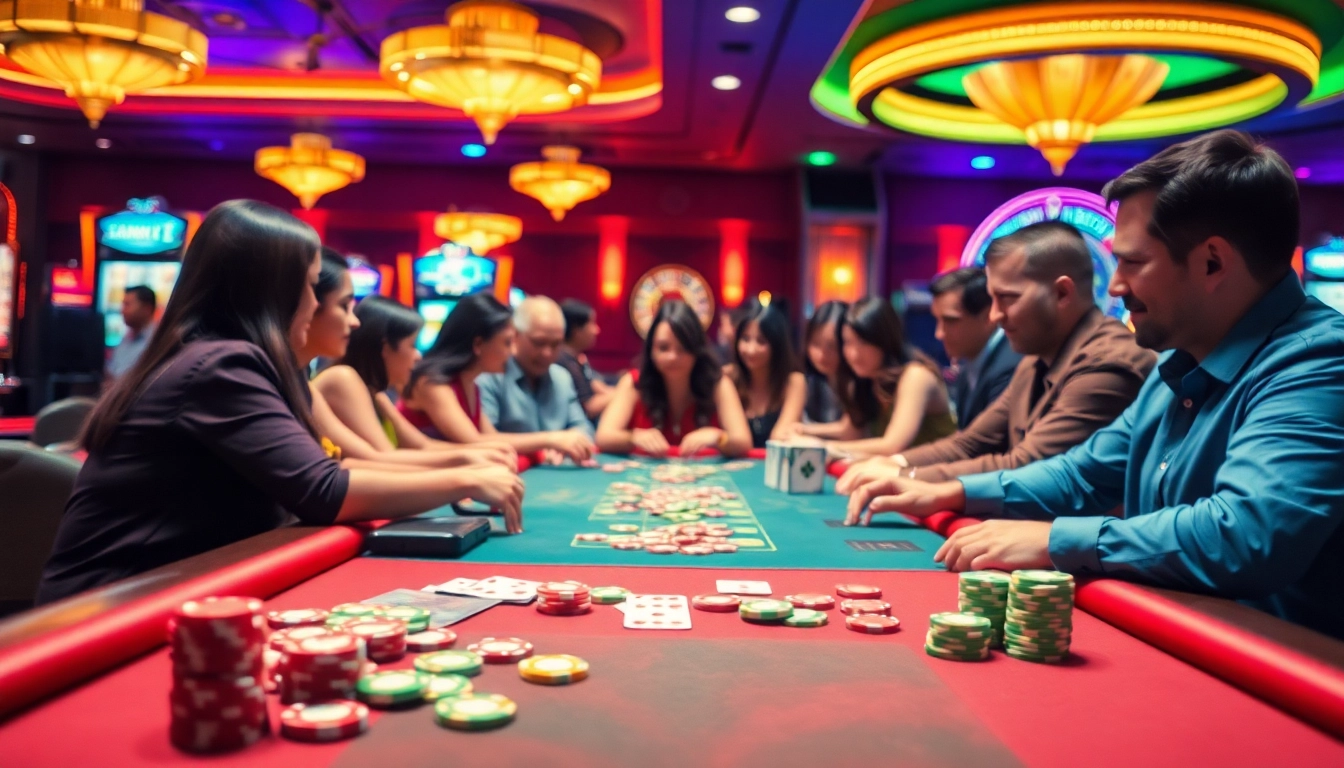 People engaging in lively discussions at a gambling forum in a vibrant casino atmosphere.