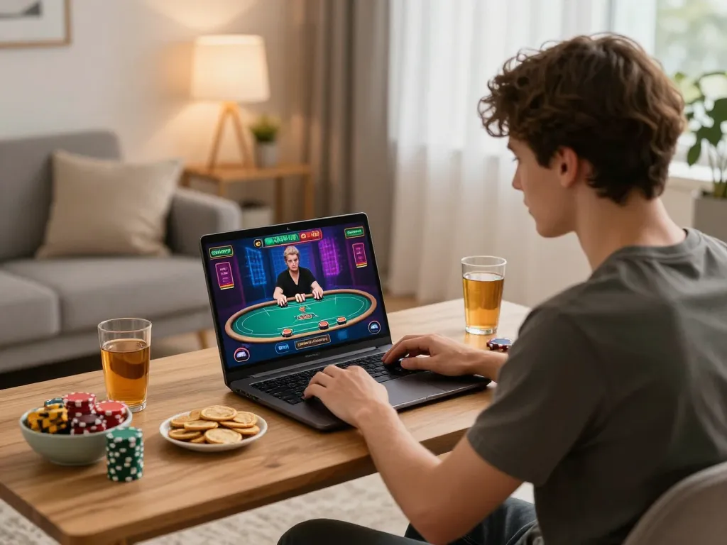Engaging scene of online casino gaming with đăng nhập gg88 in use, showcasing a player focused on poker gameplay.