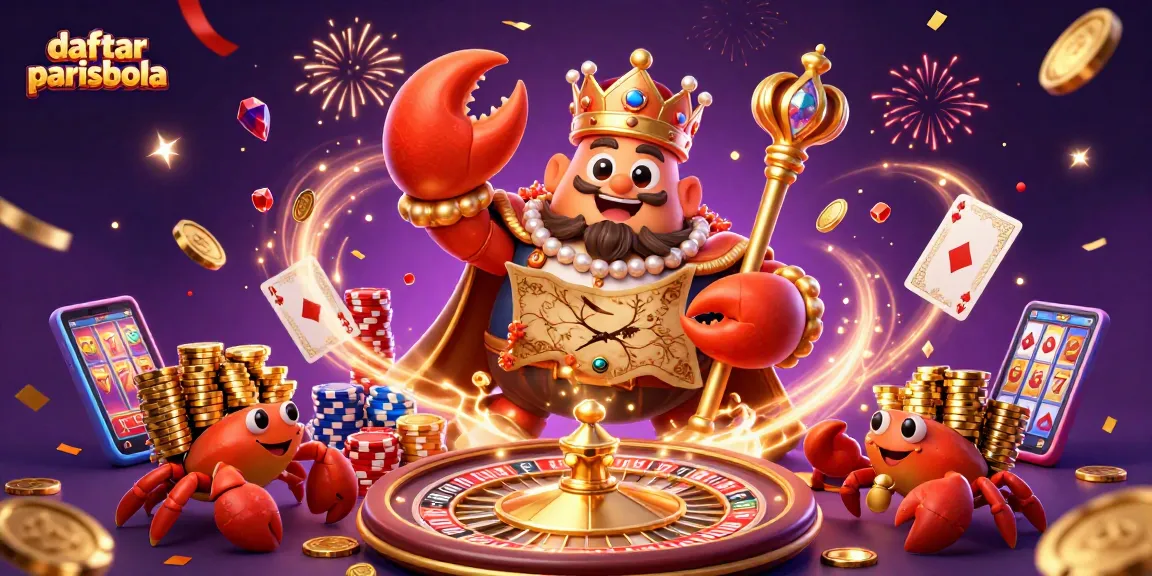 Experience the thrill of daftar parisbola with a golden crab emperor and treasure in a vibrant casino scene.
