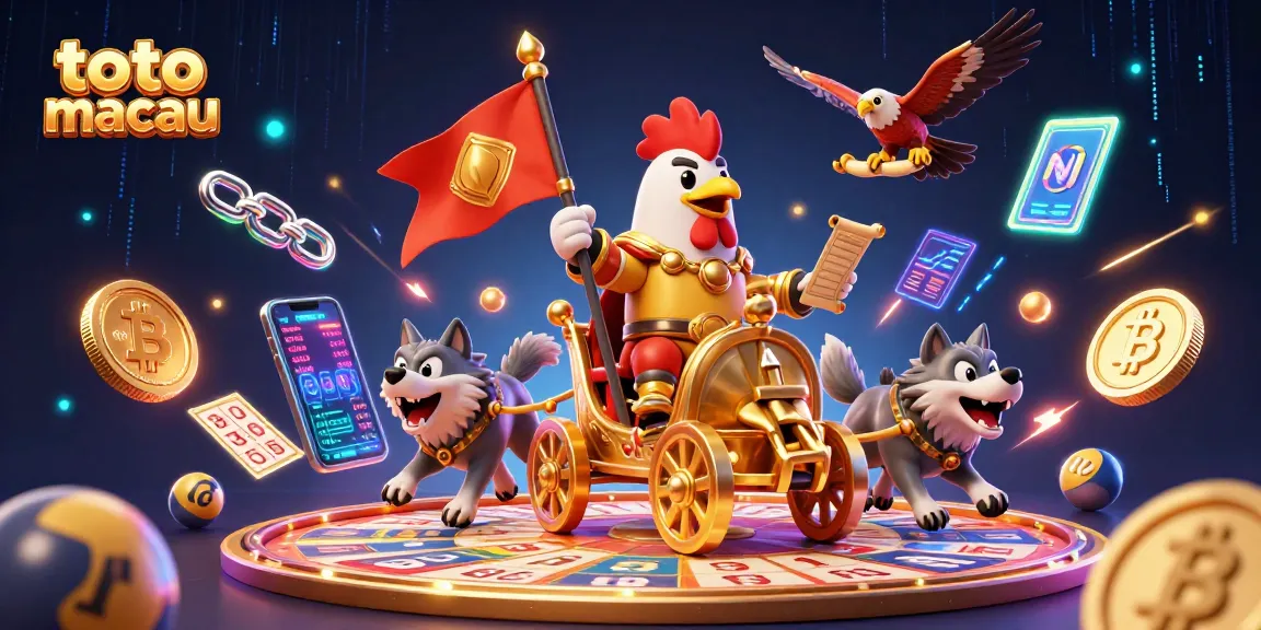 Engage with toto macau lottery excitement while witnessing a dynamic 3D scene of a rooster warlord and vibrant game elements.