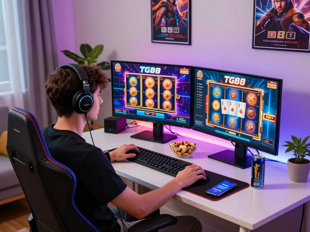 Excited gamer enjoying TG88 online casino games in a vibrant home setup.