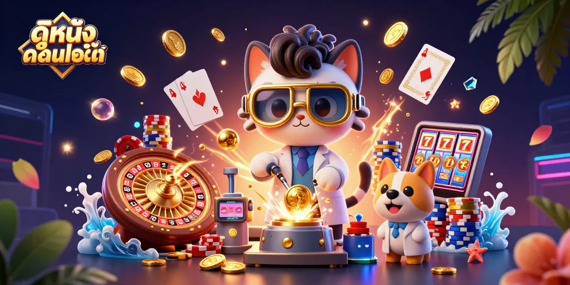 Experience ดูหนังออนไลน์ with engaging visual elements featuring a mad scientist cat and dog, gold coins, and dynamic casino themes.