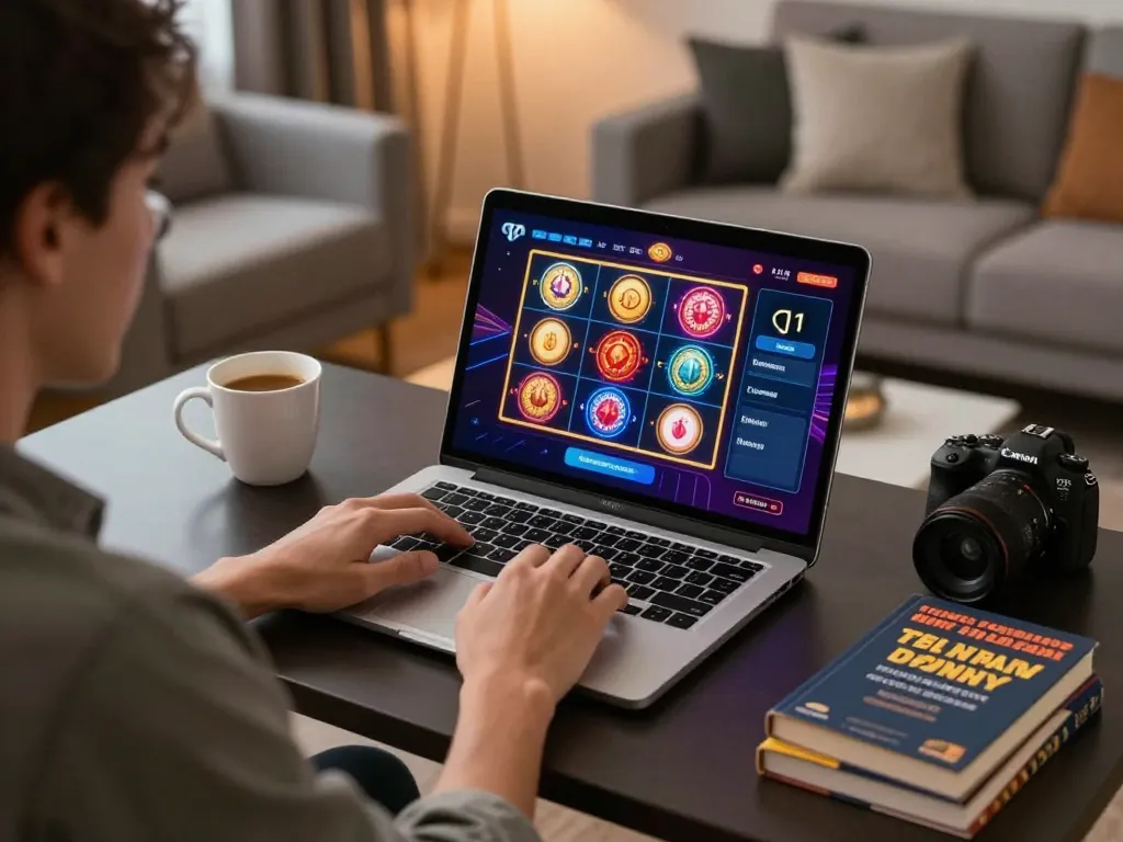 Exciting uk88 online slot gaming scene with strategic betting elements in a cozy home environment.