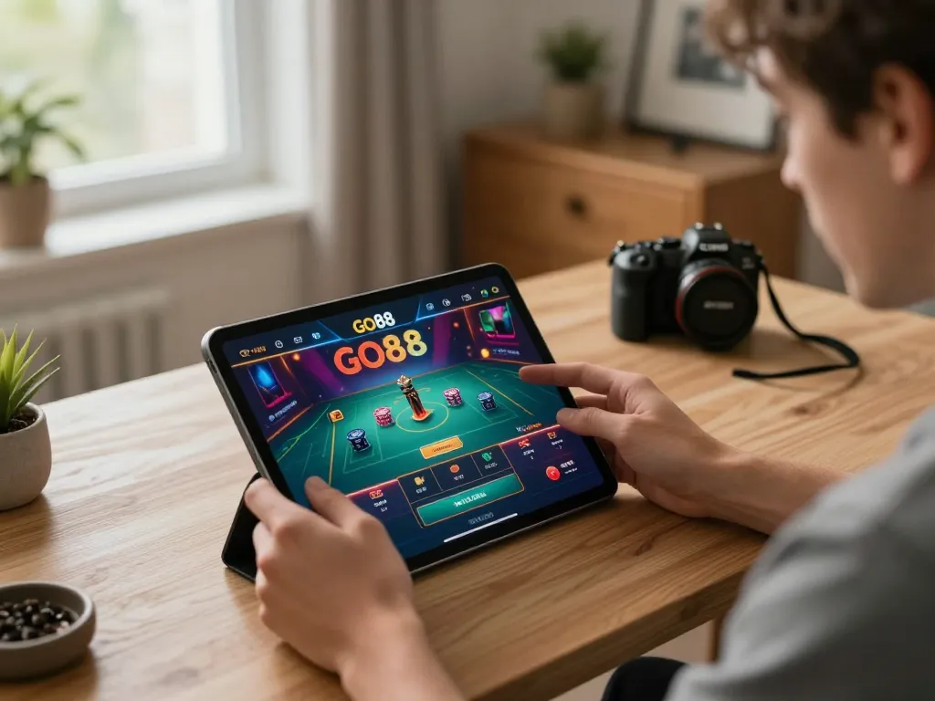 Engaged player exploring the GO88 app on a tablet in a stylish home office setting.
