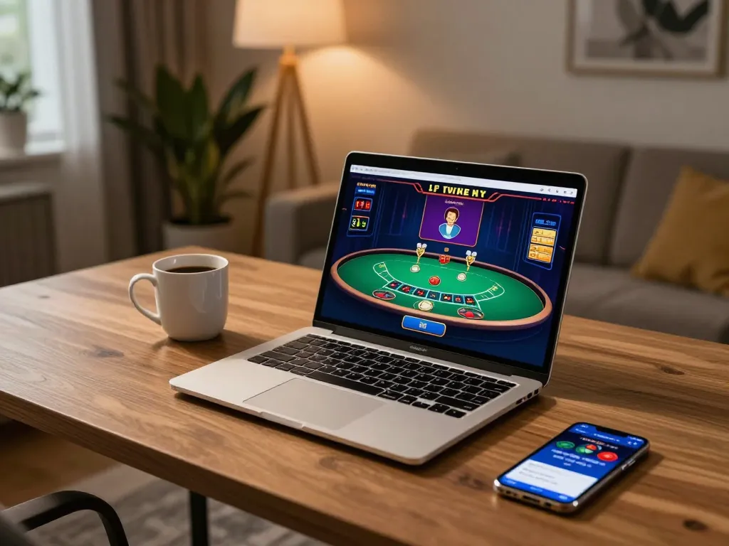 Engaging gaming session on gameradar with a laptop displaying a live dealer blackjack game.