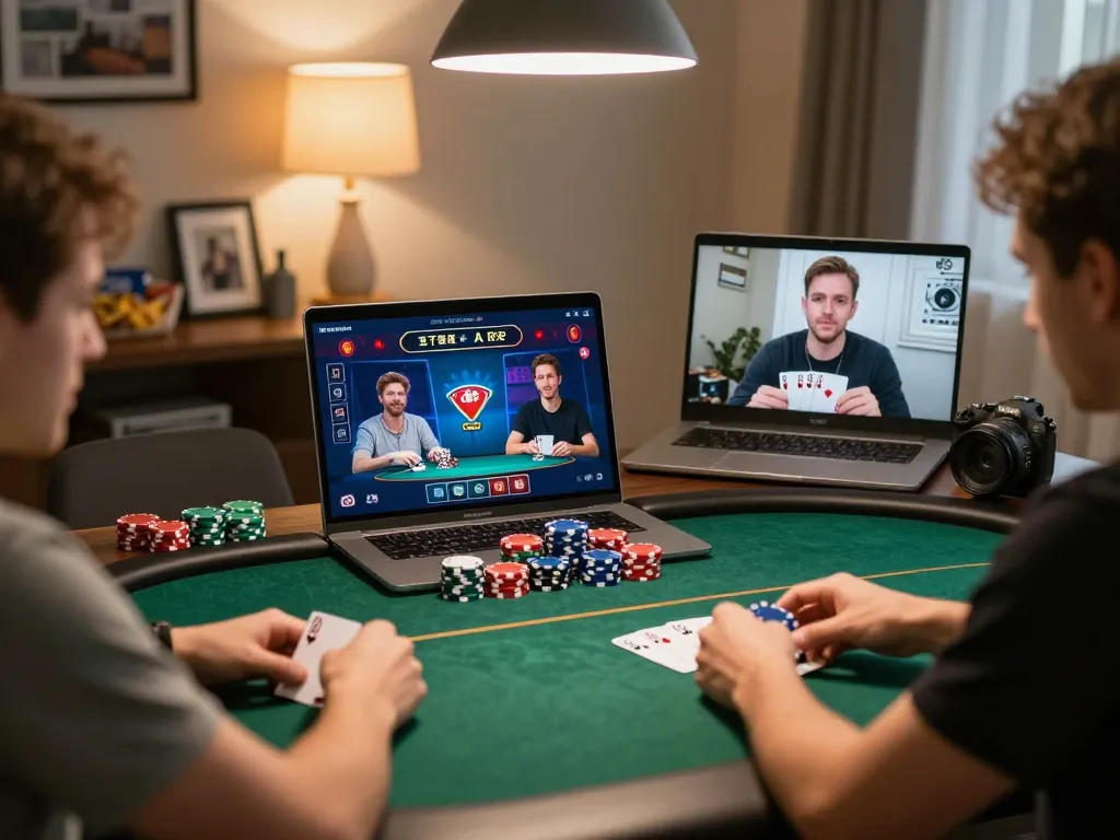 Play poker online with friends showcasing upintogel login on colorful interface, chips stacked on the table.