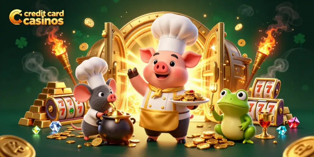 Engage with exciting credit card casinos featuring an animated chef pig and gold treasures.