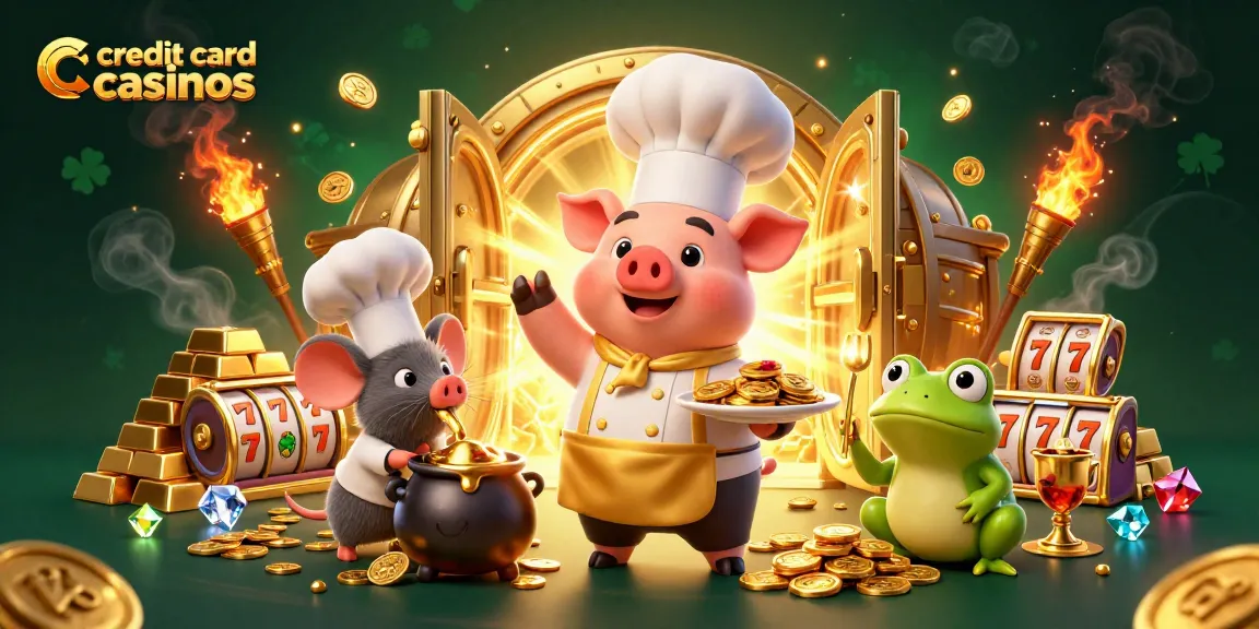Engage with exciting credit card casinos featuring an animated chef pig and gold treasures.