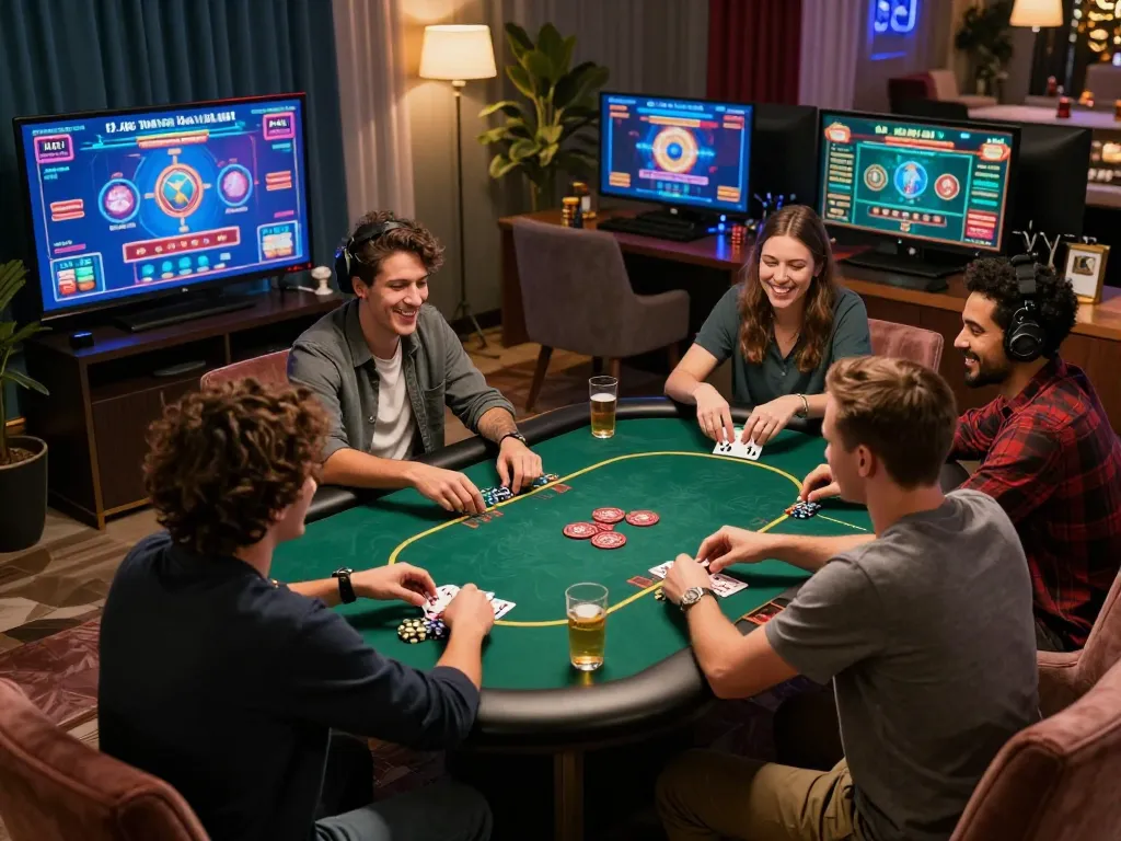 ku88 players enjoying thrilling poker action in lively home gaming setup