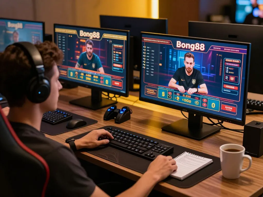 Bong88 player analyzing betting strategies on professional gaming setup.