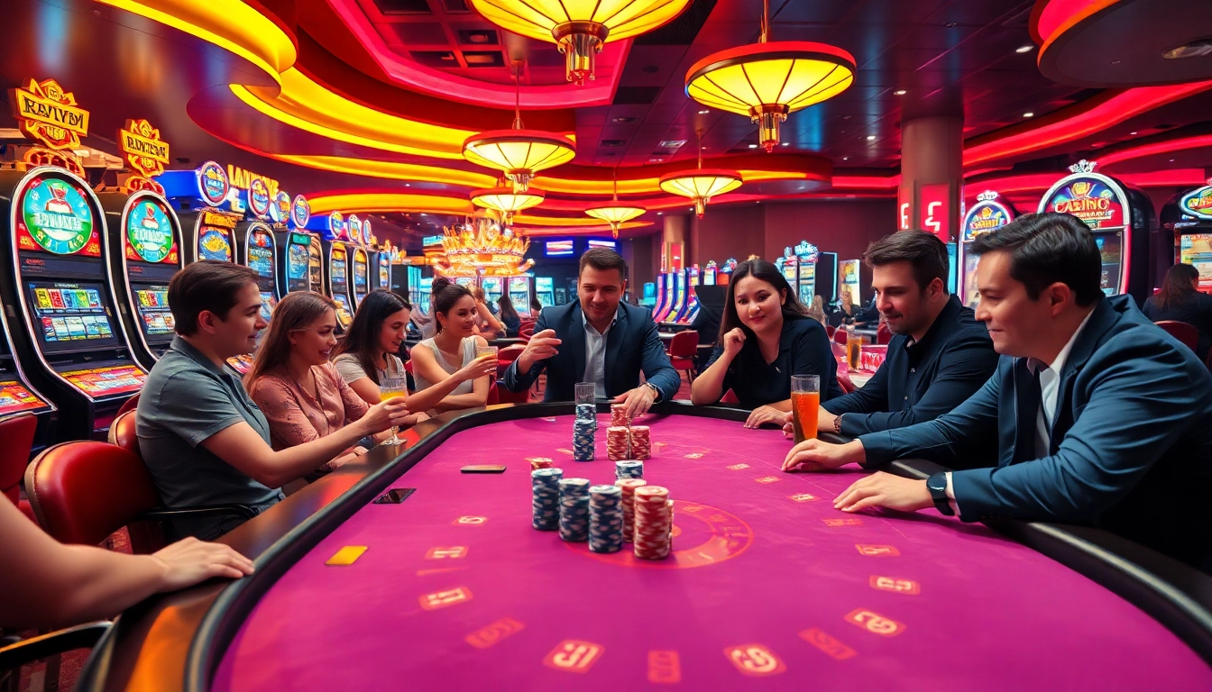 Faszinierende Szene des casino spielen mit Spielern und lebendigen Spielautomaten.