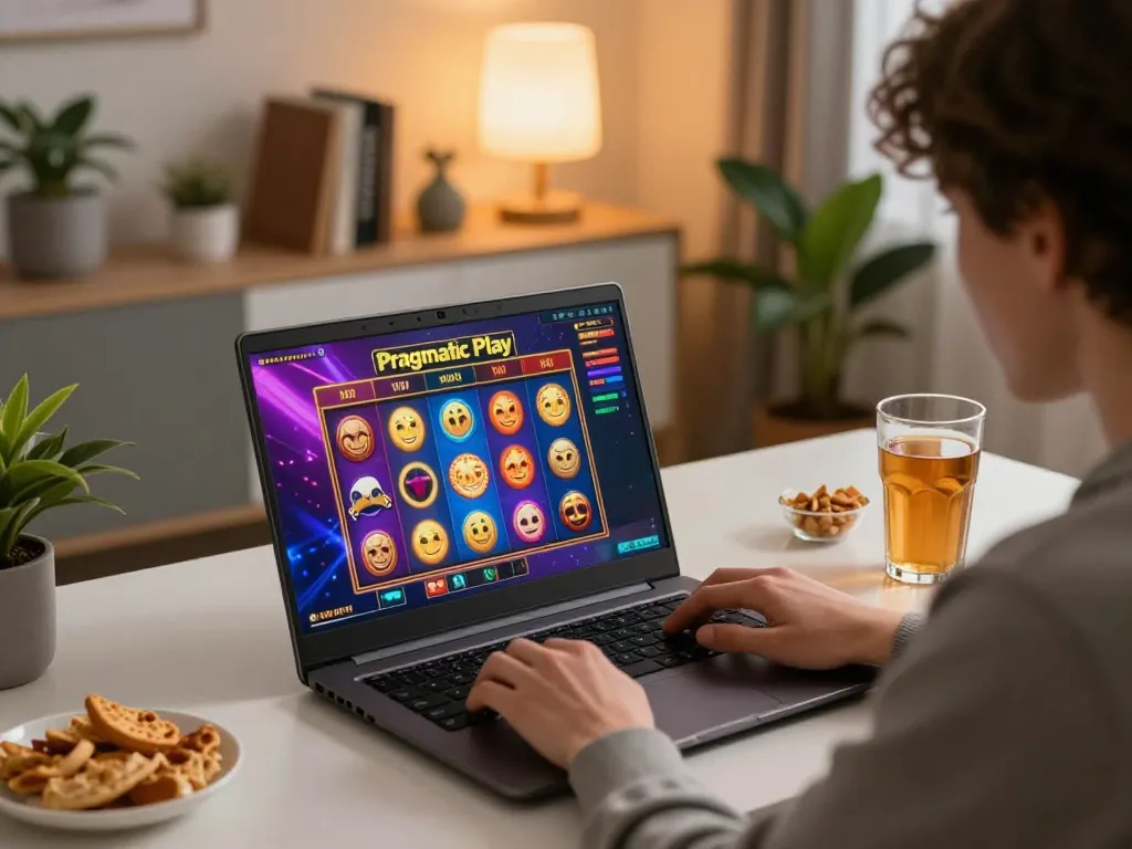 LIGALGO Daftar online gaming session showcasing colorful Pragmatic Play slot interface on laptop.