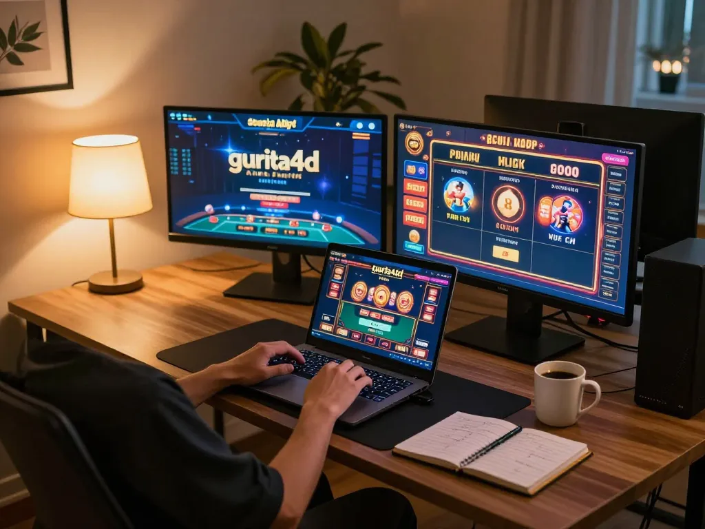 Engaging in gurita4d online gaming at a stylish home setup, showcasing poker interface and strategy notes.