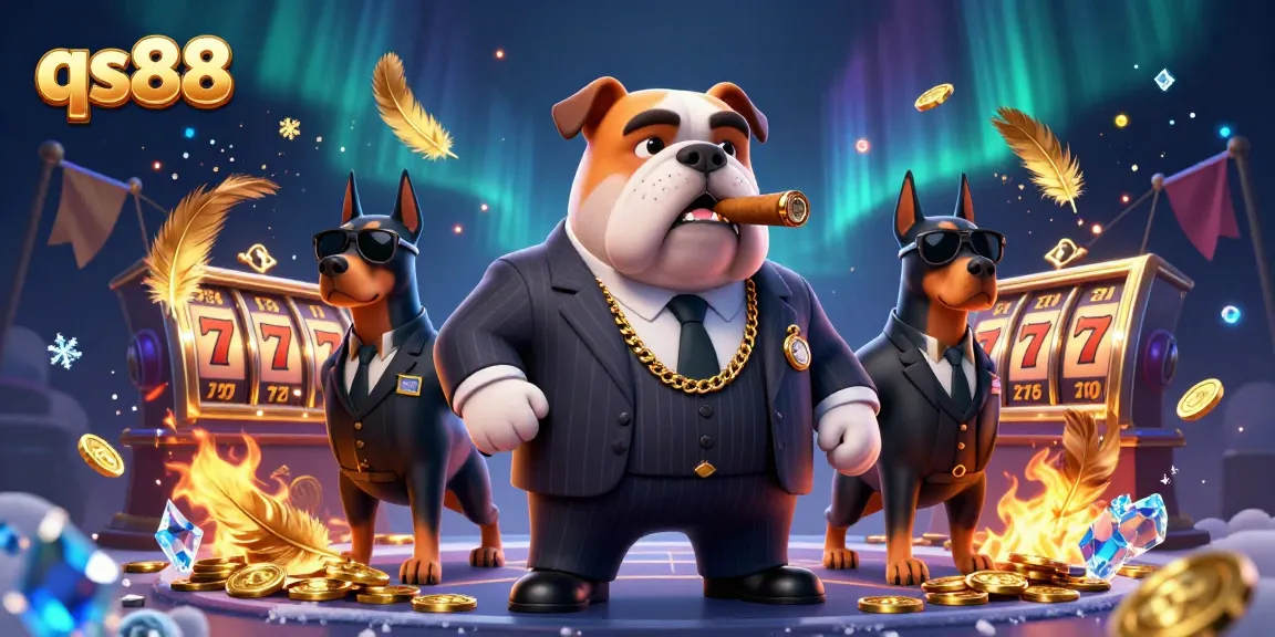 Engaging action at qs88 casino with mafia boss and bodyguards amidst vibrant slot reels and gold tokens.