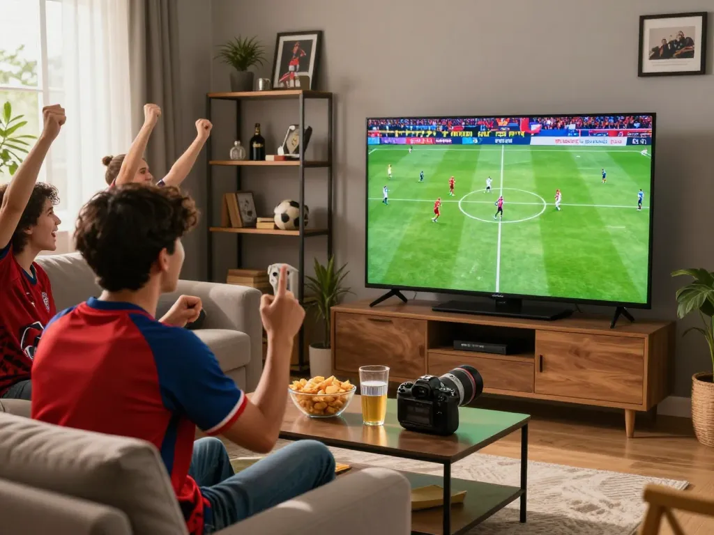 Excited viewer enjoying live soccer match on socolivetv in a cozy living room with friends.