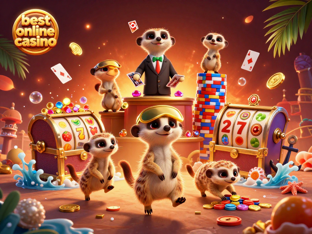 Experience the thrill of the best online casino with playful meerkats spinning slot reels in a vibrant scene.
