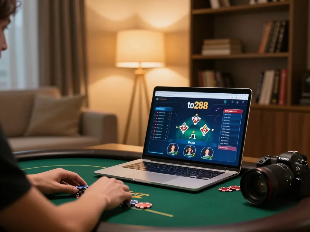 Experience intense poker action at to288 with a focused online gaming setup in a cozy living room