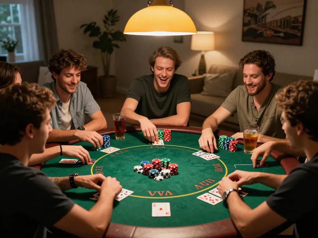 Engaged players strategizing in a lively home poker game, showcasing kkwwin atmosphere with colorful chips and cards.