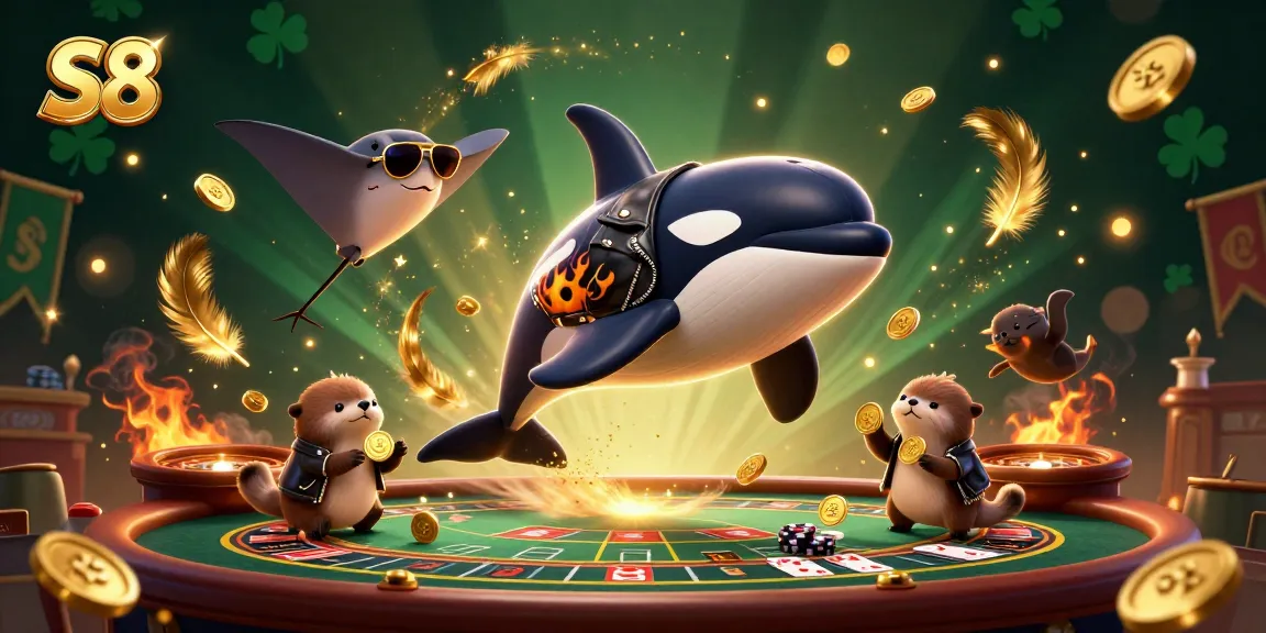 S8 casino features a lively scene with an orca whale, stingray, and otters celebrating wins amidst vibrant gaming elements.