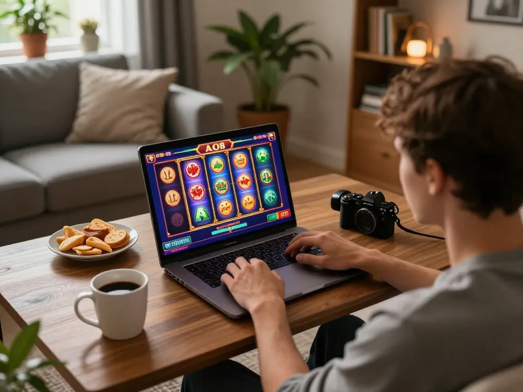 Alo8 player engaged in vibrant online slot gaming at home, showcasing a cozy environment and strategic interaction.